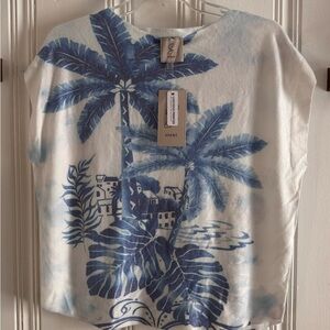 Sioni Blue and Cream Leaf Print Top